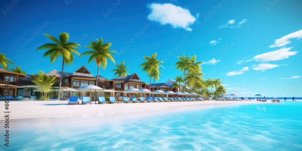 Luxury Resort on Tropical Beach, Hotel with Swimming Pool for Summer Time. Generative AI Luxury Resort on Tropical Beach, Hotel with Swimming Pool for Summer Time. Generative AI