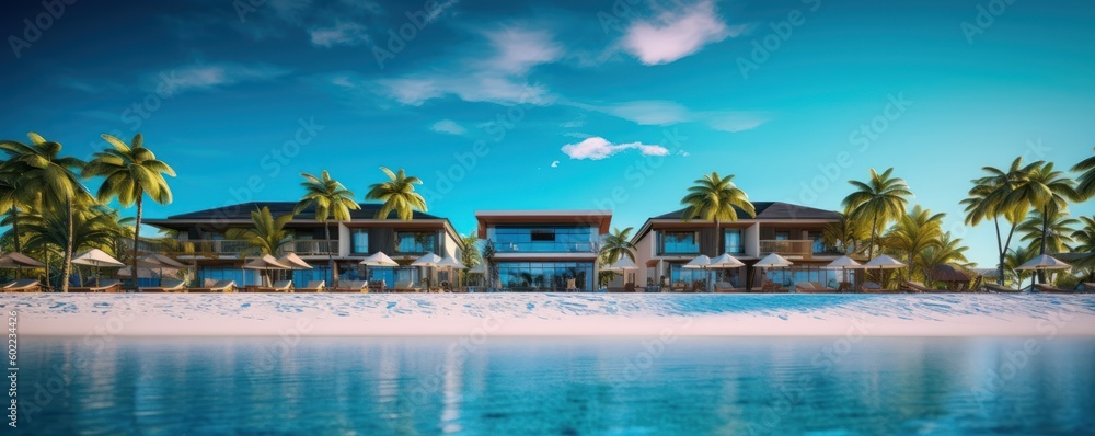 Luxury Resort on Tropical Beach, Hotel with Swimming Pool for Summer Time. Generative AI