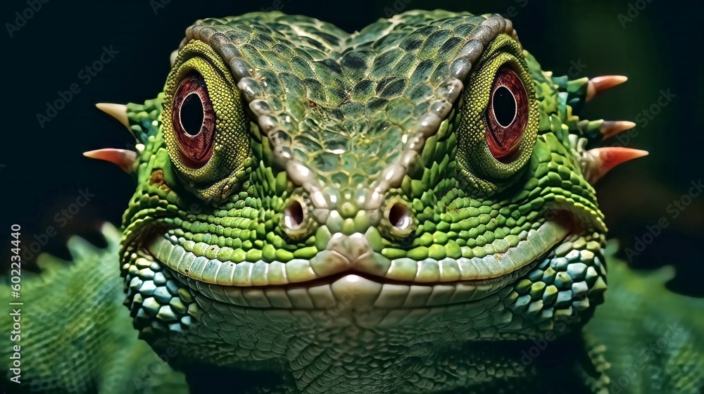 Macro portrait of green lizard, regenerative AI Macro portrait of green lizard, regenerative AI