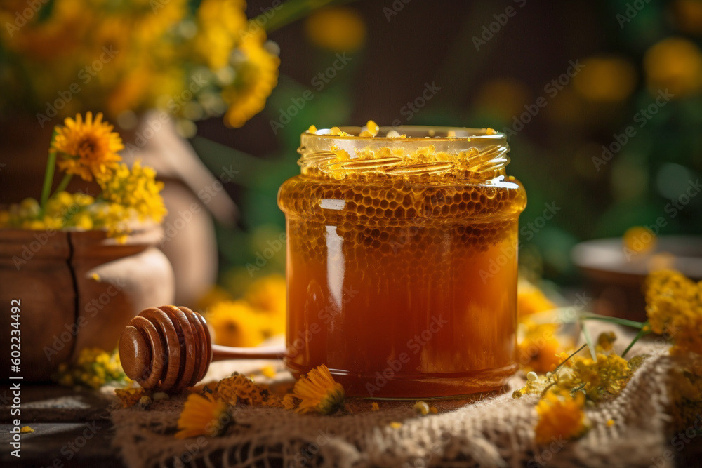 Glass jar filled with honey. Generative AI illustration Glass jar filled with honey. Generative AI illustration