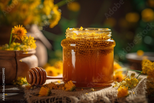 Glass jar filled with honey. Generative AI illustration