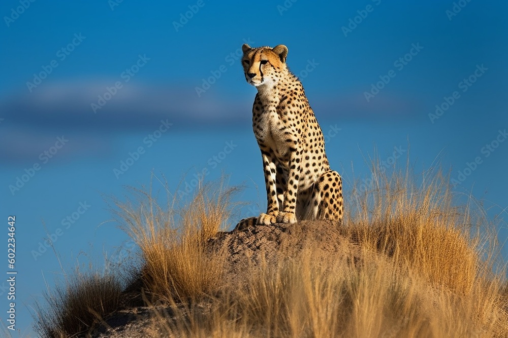 Cheetah Perched on Termite Mound Scanning Savannah for Prey under Clear Blue Sky generative AI Cheetah Perched on Termite Mound Scanning Savannah for Prey under Clear Blue Sky generative AI