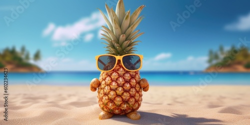 Pineapple with sunglasses on tropical beach blue sky background. Generative AI