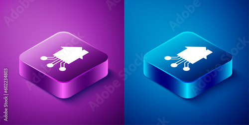 Isometric Smart home icon isolated on blue and purple background. Remote control. Square button. Vector