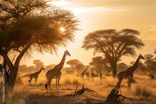 Group of Giraffes Grazing Around Baobab Trees in Golden Hour Light with Expansive Savannah in Background generative AI