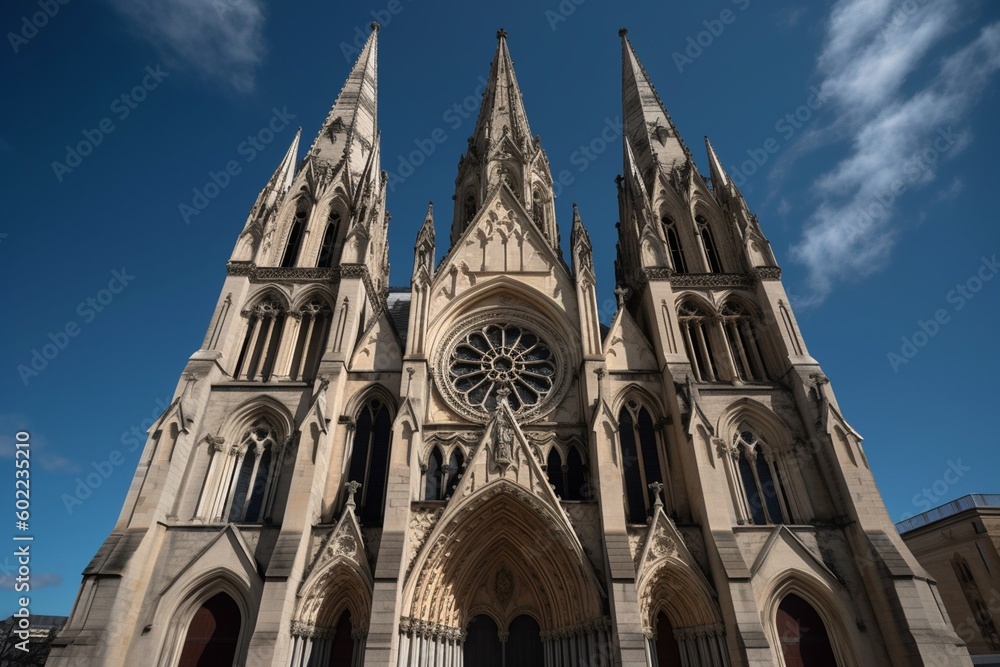 Intricate Gothic Cathedral Exterior with Tall Spires and Blue Sky Background generative AI