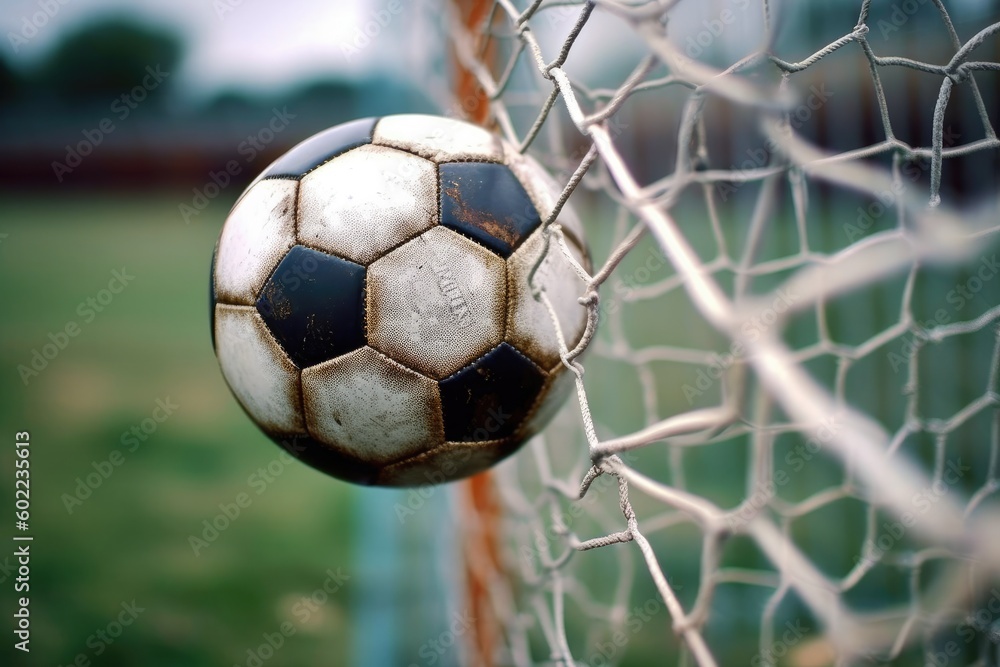 Fototapeta premium Soccer ball flew into the goal. Soccer ball bends the net, against the background