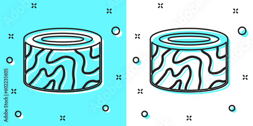 Black line Tree stump icon isolated on green and white background. Random dynamic shapes. Vector