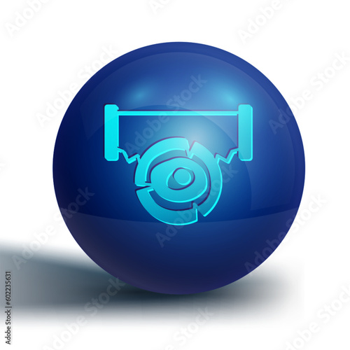 Blue Two-handed saw and log icon isolated on white background. Blue circle button. Vector