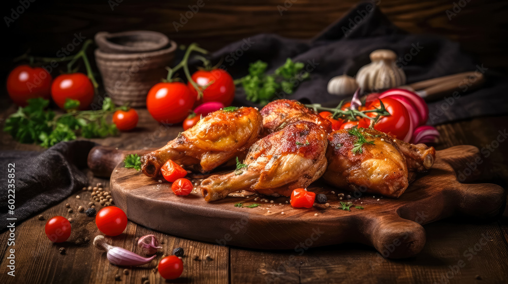 Appetitive golden baked chicken legs and cherry tomatoes served on a wooden board. Delicious food. Generative AI
