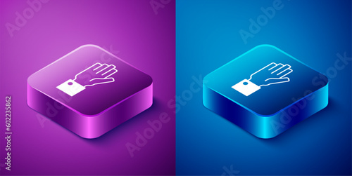 Isometric Hand holding auction icon isolated on blue and purple background. Bidding concept. Auction competition. Square button. Vector