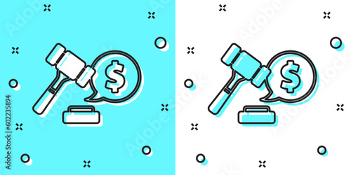 Black line Auction hammer price icon isolated on green and white background. Gavel - hammer of judge or auctioneer. Bidding process, deal done. Auction bidding. Random dynamic shapes. Vector