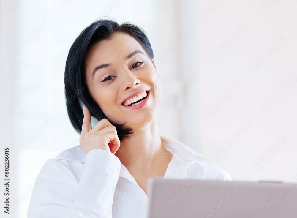 Phone call, happy and portrait of businesswoman in the office planning project with technology. Confidence, smile and professional female employee on mobile conversation with cellphone in workplace. Phone call, happy and portrait of businesswoman in the office planning project with technology. Confidence, smile and professional female employee on mobile conversation with cellphone in workplace.