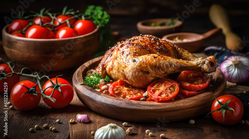 Appetitive golden baked chicken legs and cherry tomatoes served on a wooden board. Delicious food. Generative AI