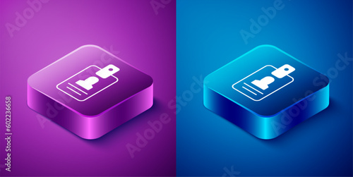Isometric Identification badge icon isolated on blue and purple background. It can be used for presentation, identity of the company, advertising. Square button. Vector