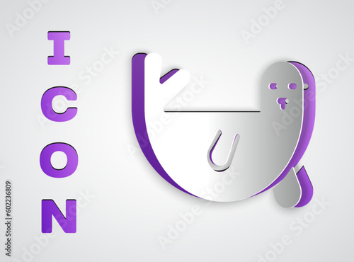 Paper cut Fur seal animal icon isolated on grey background. Paper art style. Vector