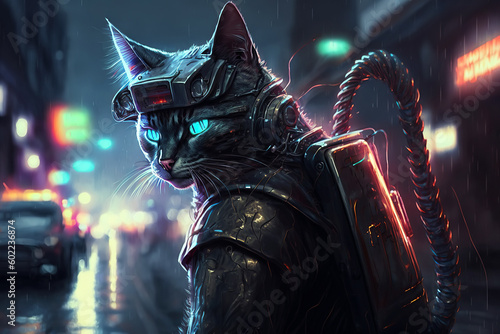 cyborg cat on street of night city of future in cyberpunk style with neon light. Generative AI illustration