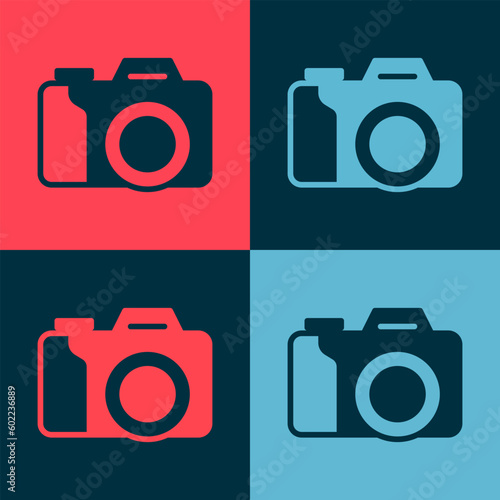 Pop art Photo camera icon isolated on color background. Foto camera. Digital photography. Vector