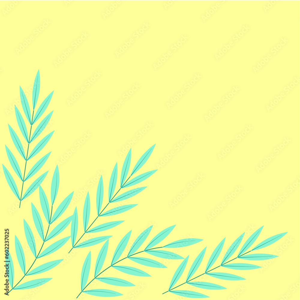 Summer background, green twigs with long leaves, at the bottom left, on a yellow background, with a place for text, an inscription. Postcard, congratulations, banner, social media post, website design Summer background, green twigs with long leaves, at the bottom left, on a yellow background, with a place for text, an inscription. Postcard, congratulations, banner, social media post, website design