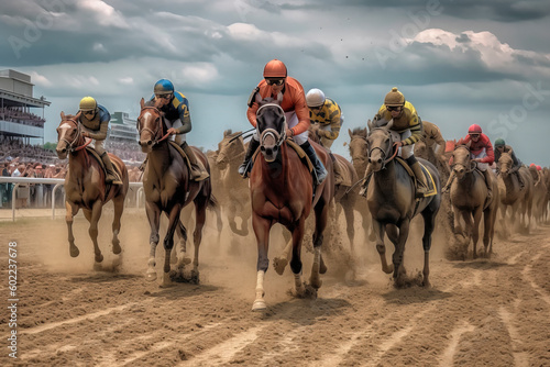 horse race with jockeys on dirt track, generative ai
