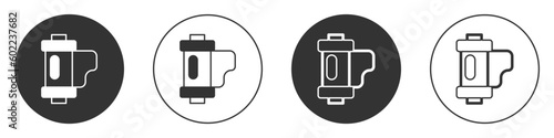 Black Camera vintage film roll cartridge icon isolated on white background. 35mm film canister. Filmstrip photographer equipment. Circle button. Vector