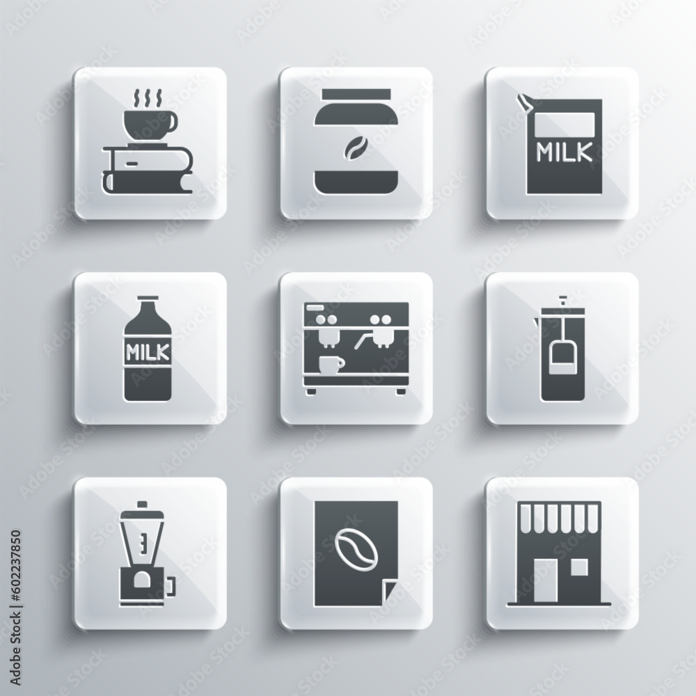 Set Coffee poster, shop, French press, machine, Electric coffee grinder, Bottle with milk, cup and book and Paper package for icon. Vector Set Coffee poster, shop, French press, machine, Electric coffee grinder, Bottle with milk, cup and book and Paper package for icon. Vector