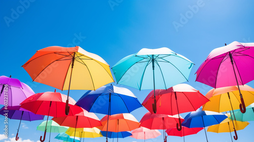 Colored umbrellas sky. Created with generative Ai technology. © uladzimirzuyeu