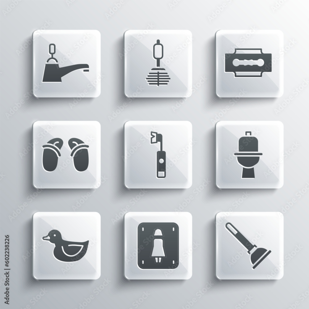 Set Female toilet, Rubber plunger, Toilet bowl, Electric toothbrush, duck, Flip flops, Water tap and Blade razor icon. Vector Set Female toilet, Rubber plunger, Toilet bowl, Electric toothbrush, duck, Flip flops, Water tap and Blade razor icon. Vector
