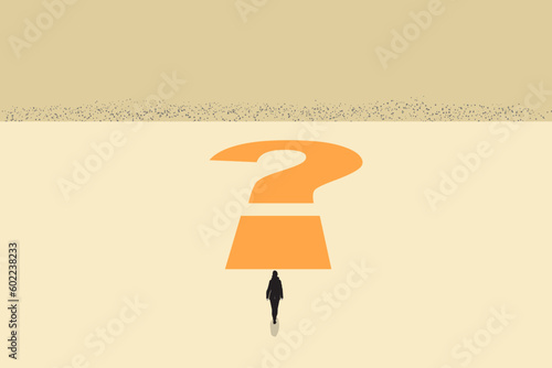 Business woman front of question mark. concept of challenge, opportunity, decision, win and future