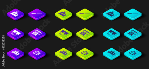 Set Bedroom, Retro tv, Bellboy hat, Telephone handset, Knife and Hotel reception desk icon. Vector