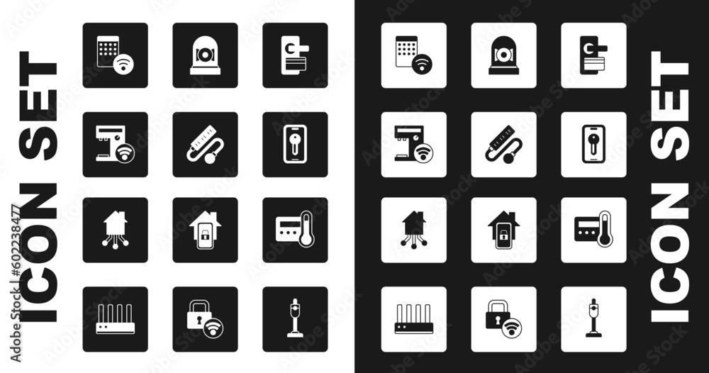 Set Digital door lock, Electric extension cord, Smart coffee machine, Air humidifier, key, Ringing alarm bell, Thermostat and home icon. Vector Set Digital door lock, Electric extension cord, Smart coffee machine, Air humidifier, key, Ringing alarm bell, Thermostat and home icon. Vector