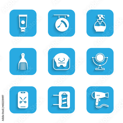 Set Mustache and beard, Barber shop pole, Hair dryer, Round makeup mirror, online service platform, Barrette, Hairdresser pistol spray bottle and Cream cosmetic tube icon. Vector