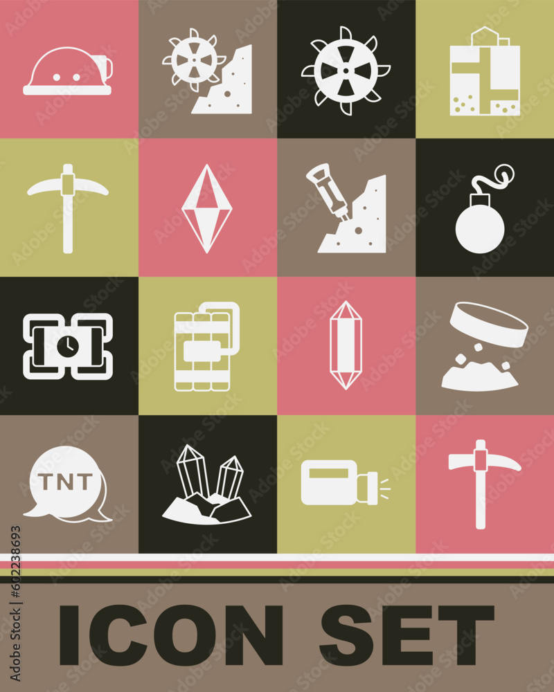 Set Pickaxe, Giant magnet holding iron dust, Bomb, Bucket wheel excavator, Gem stone, Miner helmet and Construction jackhammer icon. Vector Set Pickaxe, Giant magnet holding iron dust, Bomb, Bucket wheel excavator, Gem stone, Miner helmet and Construction jackhammer icon. Vector