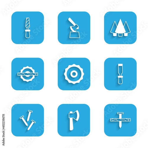 Set ircular saw blade, Wooden axe, Metallic nail, Chisel tool, nails, Electric circular, Christmas tree and Rasp metal file icon. Vector