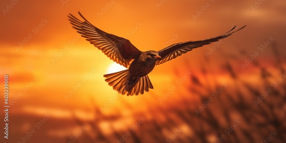 Silhouette of bird flying on sunset orange sky background. Generative AI Silhouette of bird flying on sunset orange sky background. Generative AI