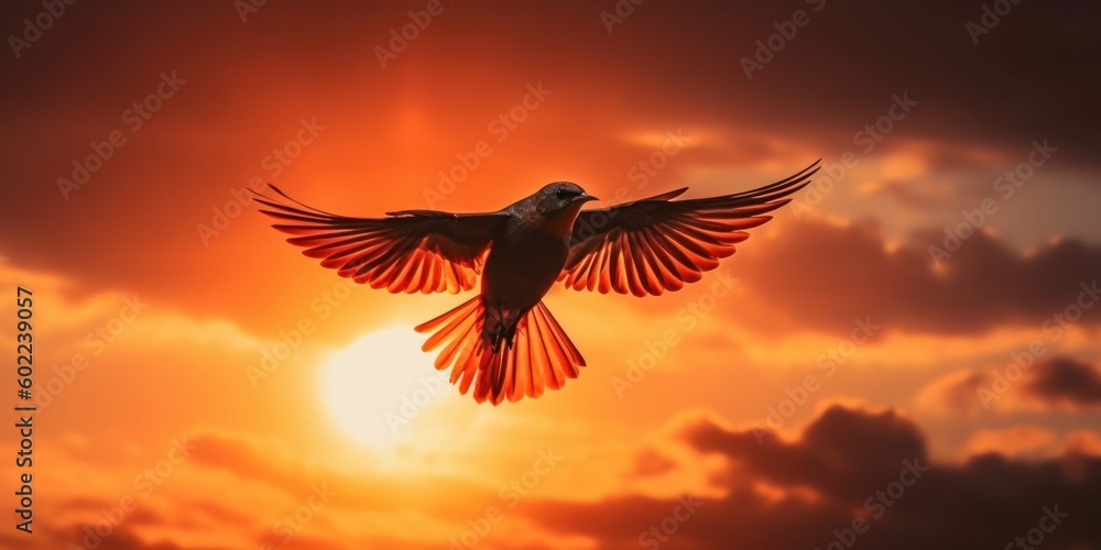 Obraz premium Silhouette of bird flying on sunset orange sky background. Generative AI