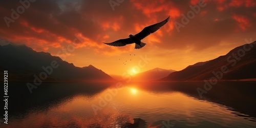 Silhouette of bird flying on sunset background with river and mountain landscape. Generative AI