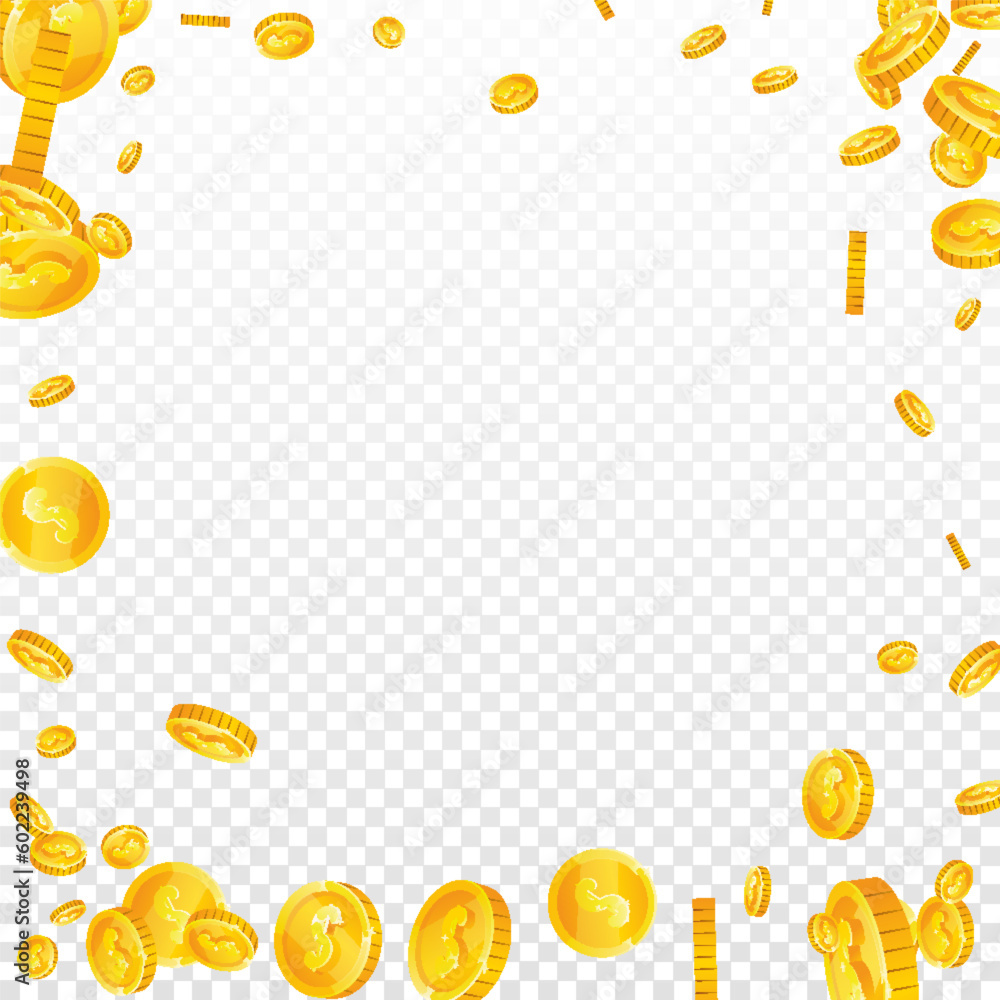 American dollar coins falling. Scattered gold USD American dollar coins falling. Scattered gold USD