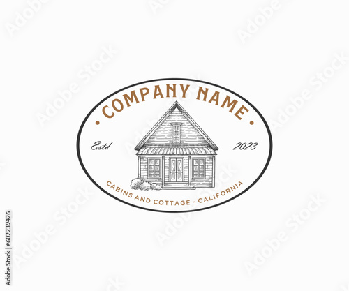 Vintage cottage house logo design badge with hand drawn retro style