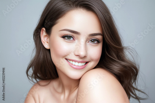 Beautiful woman brunette beauty close-up portrait on gray background. Generative AI