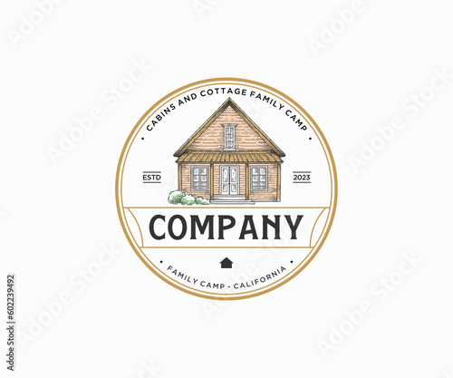 Vintage cottage house logo design badge with hand drawn retro style