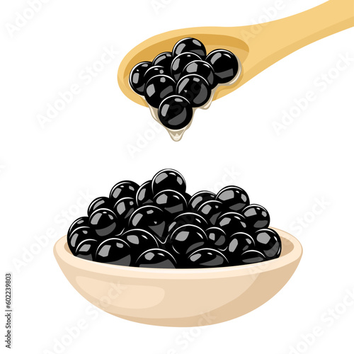 Vector illustration, Black tapioca pearls in a bowl, for bubble milk tea drink, isolated on white background.