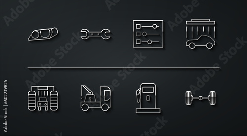 Set line Car headlight, wash, Petrol or Gas station, Tow truck, Wrench spanner, Chassis car and settings icon. Vector