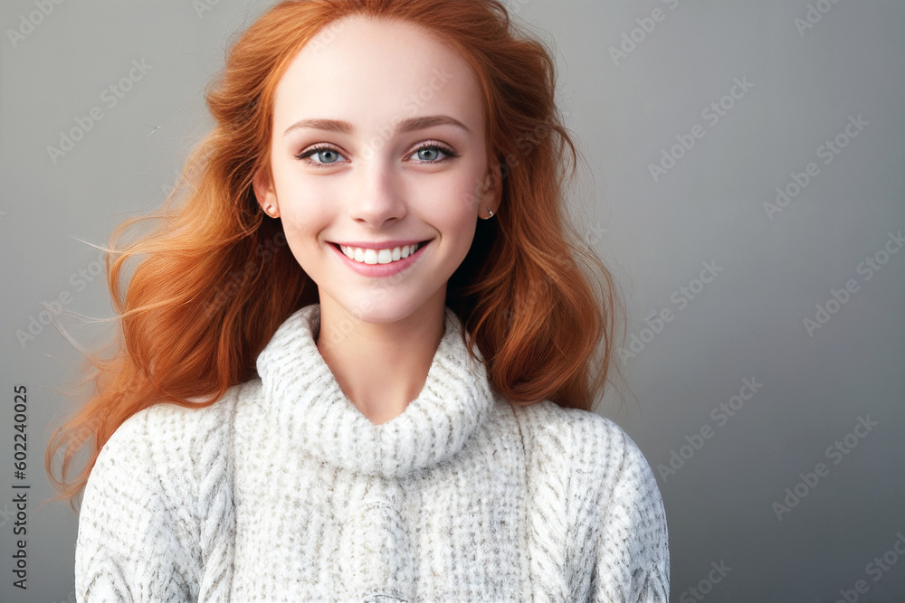 Naklejka premium Beauty ginger woman in a white sweater on a gray background. Generative AI