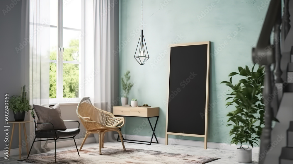 Poster mock up in rustic home interior, Scandinavian lifestyle concept. Generative Ai Poster mock up in rustic home interior, Scandinavian lifestyle concept. Generative Ai