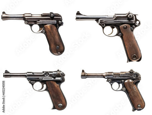 A collection of Luger pistols on a transparent background, Generative AI photo