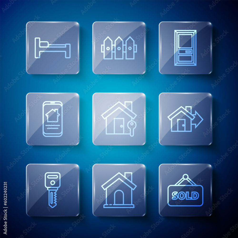 Set line House key, Hanging sign with text Sold, Closed door, Online real estate house, Bed and Sale icon. Vector Set line House key, Hanging sign with text Sold, Closed door, Online real estate house, Bed and Sale icon. Vector