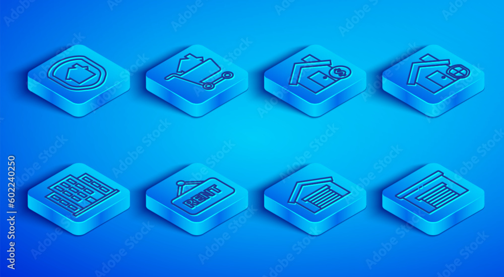 Set line House under protection, Shopping cart with house, dollar symbol, Hanging sign Rent, Garage, and icon. Vector Set line House under protection, Shopping cart with house, dollar symbol, Hanging sign Rent, Garage, and icon. Vector