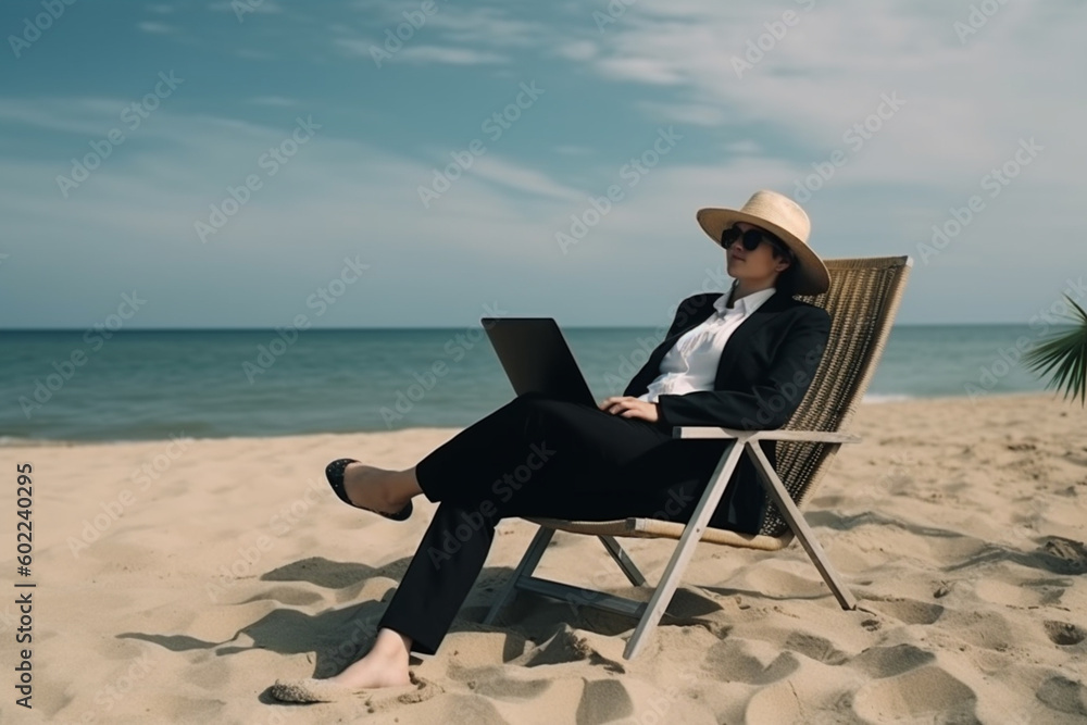 Business woman on the beach. Created with generative Ai technology.