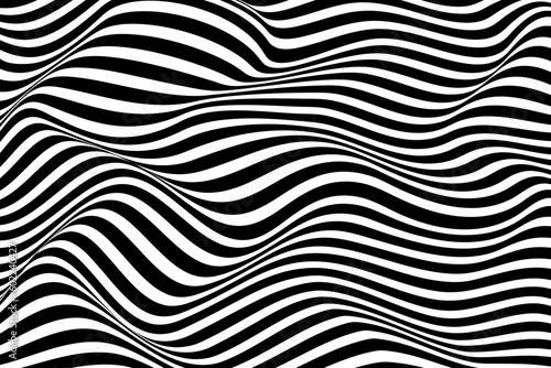 Black and white distorted optical illusion wave background. Ripple effect striped lines structure.